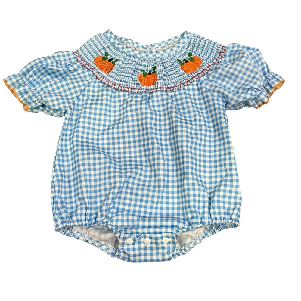 Boutique Pumpkin Smocked Baby Girls Blue Gingham Bubble Romper Fall Pumpkin